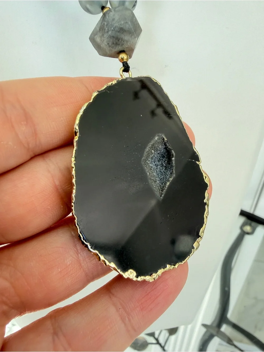 28” gold tone necklace w/ slab/druzy pendant, larvakite, and mermaid glass!